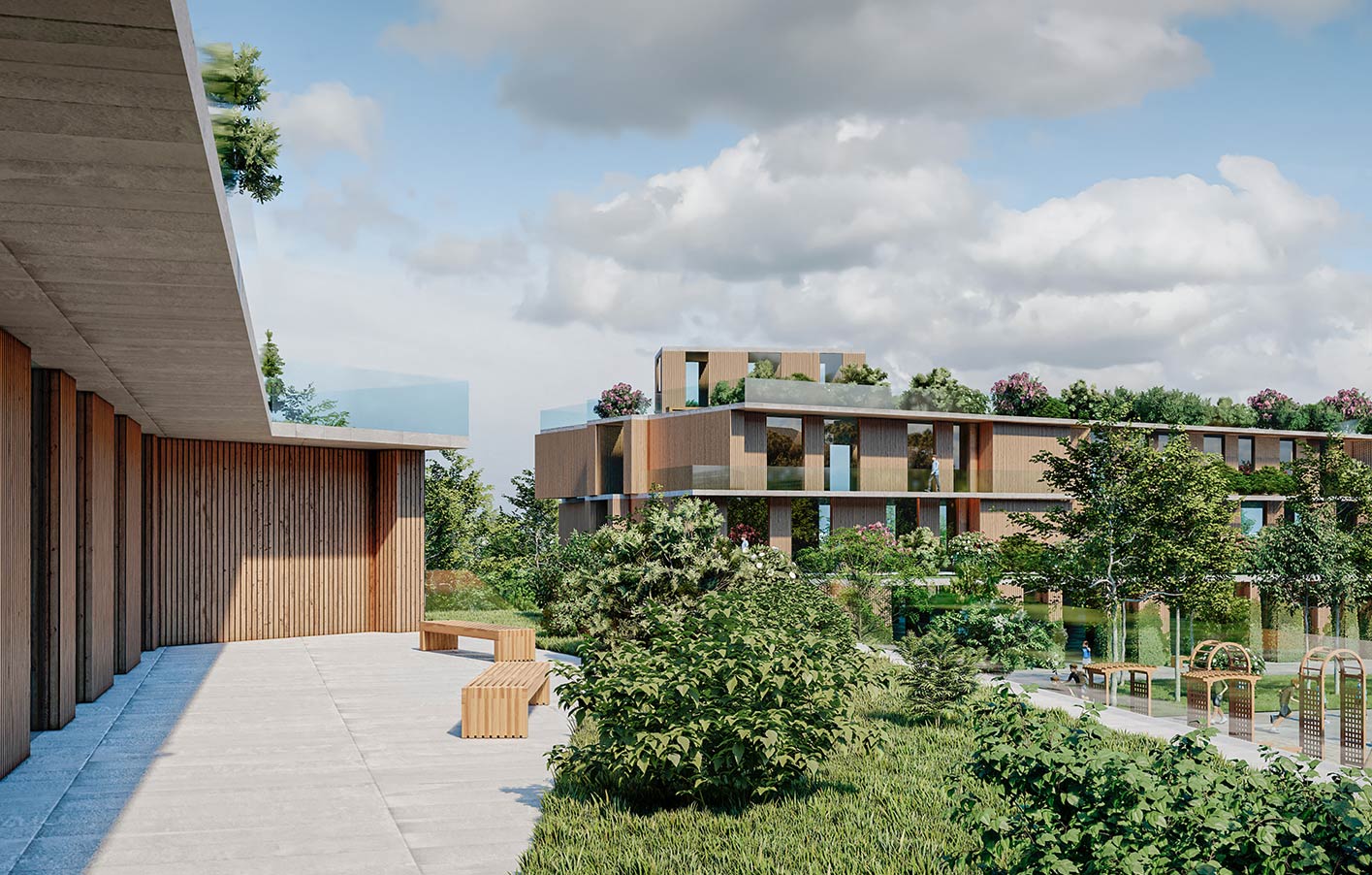 Ein Blick auf moderne Häuser mit Holzfassade